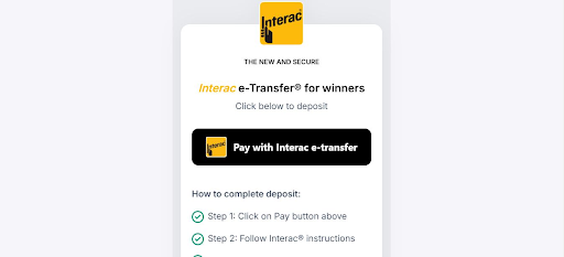 Loonio's interac e transfer for winners payment screen